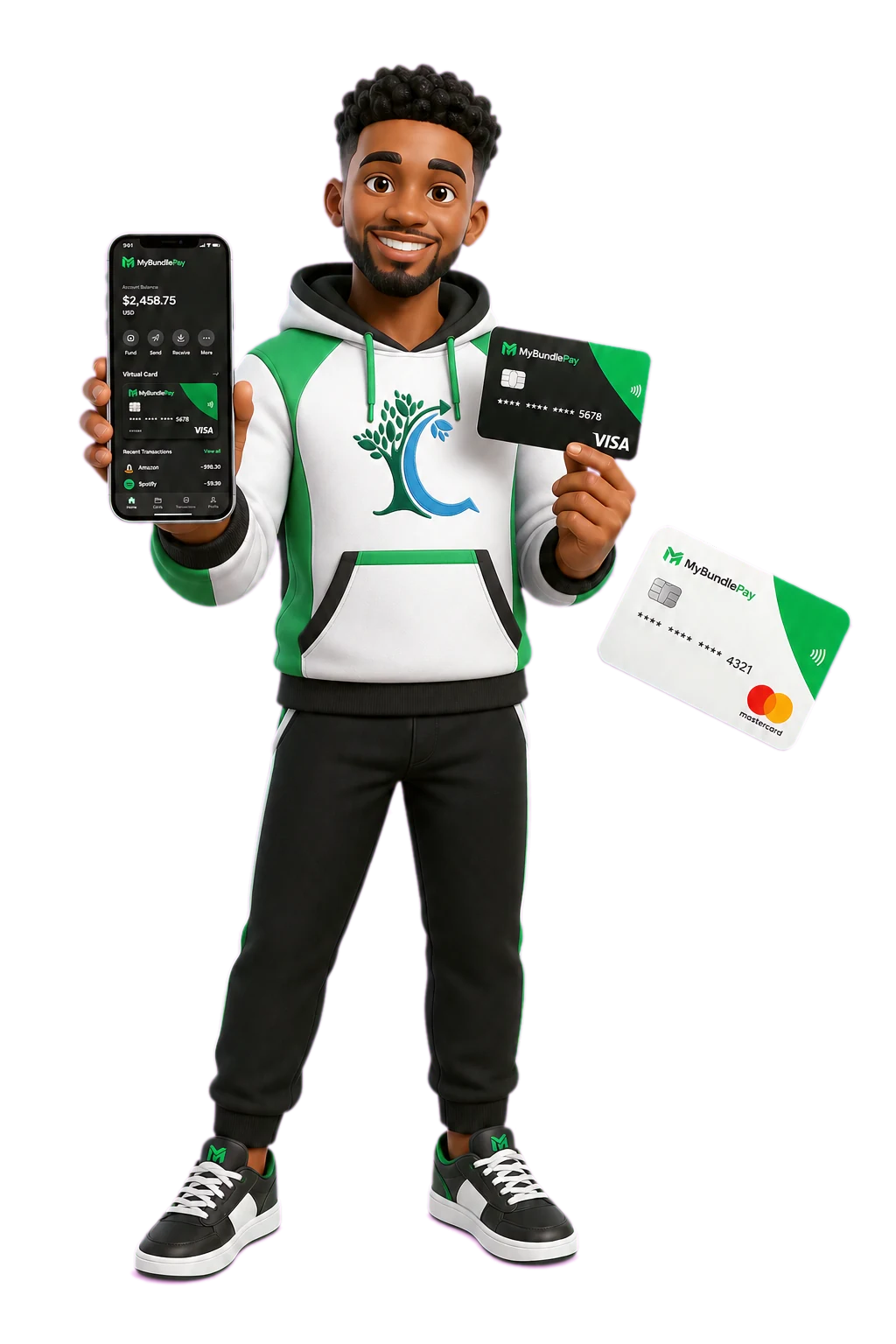 3D customer holding MyBundlePay virtual and physical cards