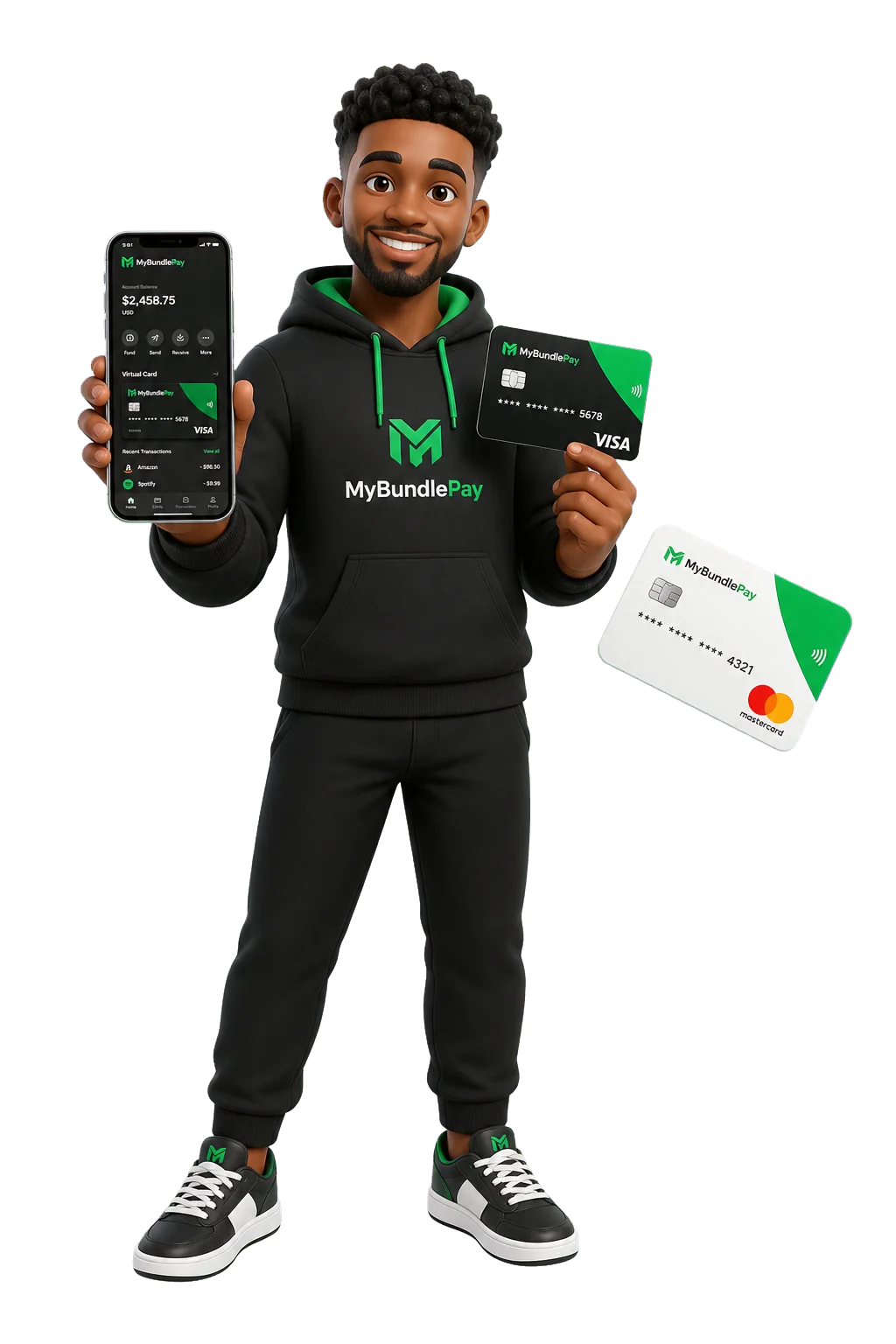 3D customer holding MyBundlePay virtual and physical cards